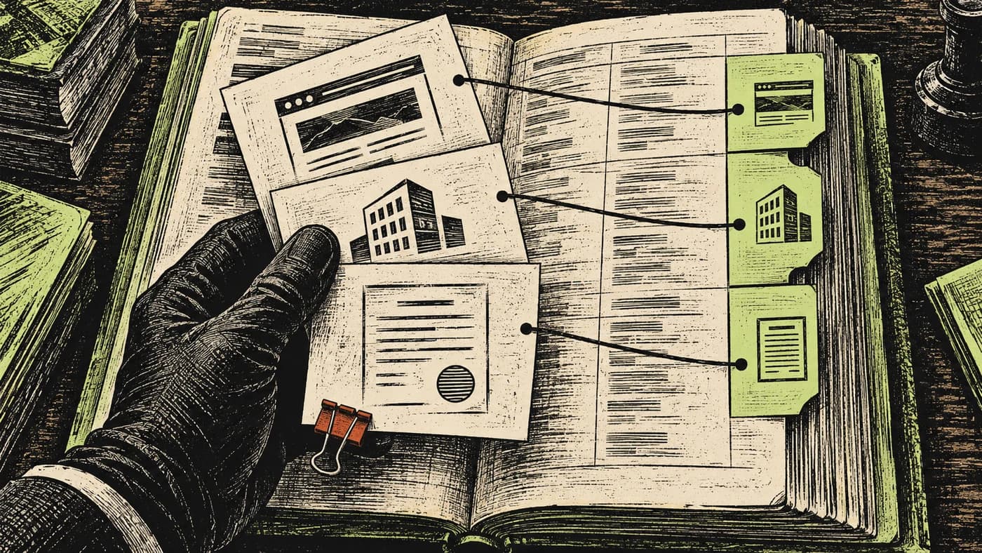 Tres fichas de un registro se contrastan con un libro abierto, ilustradas como un grabado en negro, crema y verde lima.