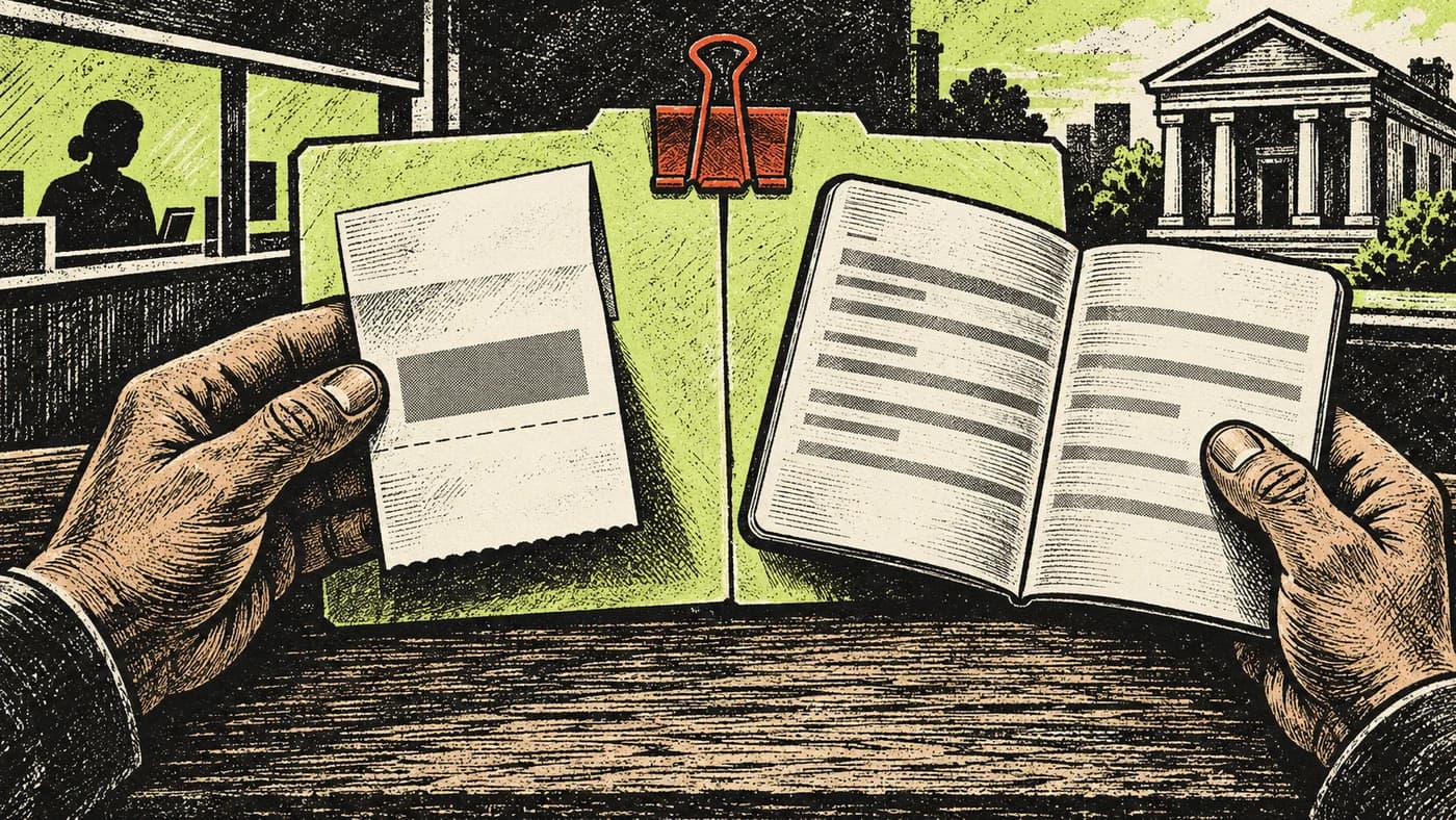 Dos manos separan un talón sin código visible y una libreta bancaria, frente a una ventanilla y un banco, en una ilustración grabada en negro, crema y lima.