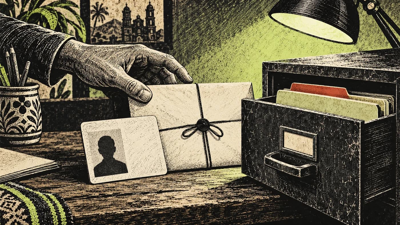Una ficha de identidad sin datos personales y un sobre cerrado descansan junto a un archivador, ilustrados como un grabado en negro, crema y verde lima.