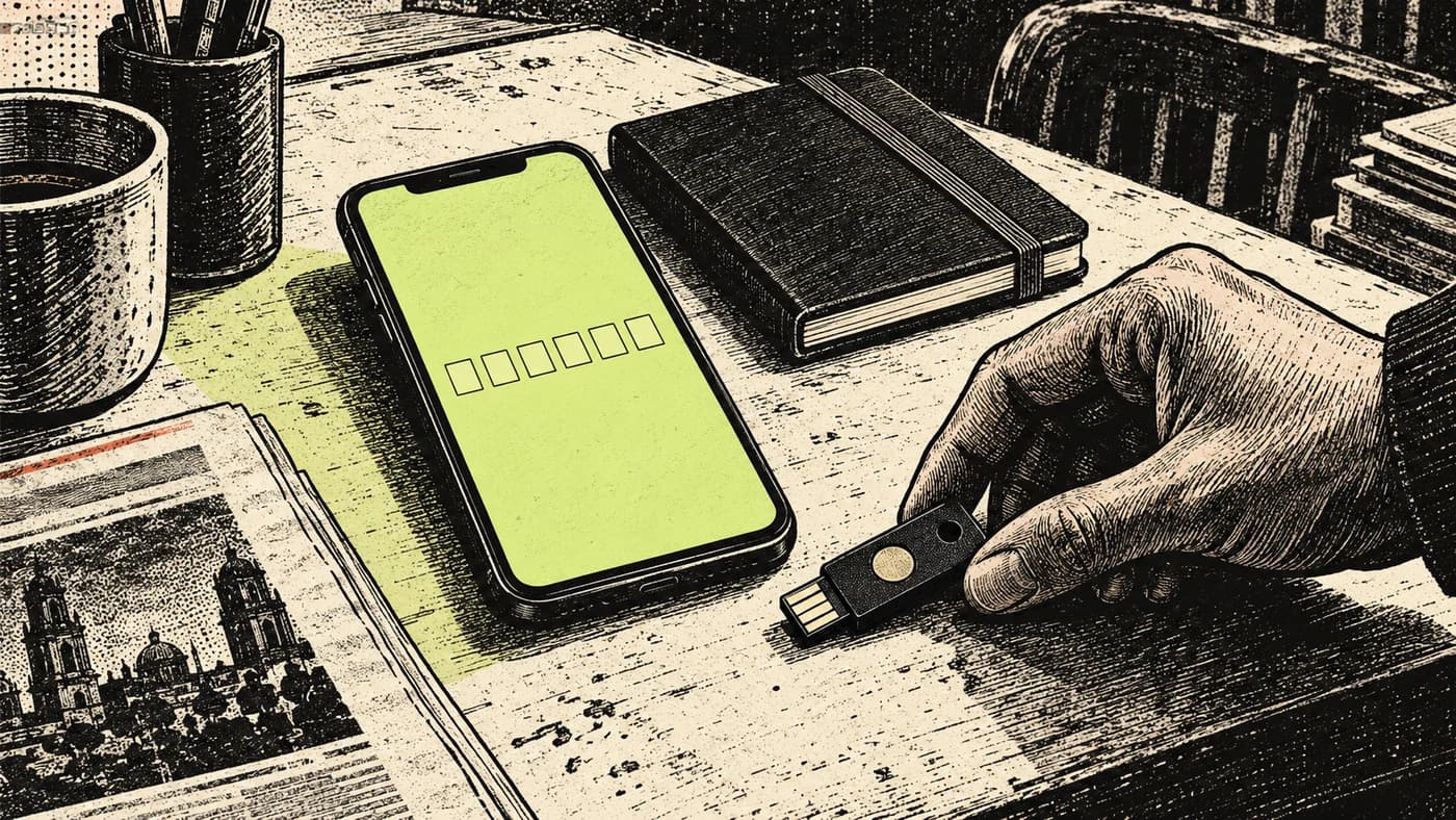Un celular de pantalla vacía y una llave física de acceso reposan junto a un cuaderno cerrado, en un grabado de tinta negra, crema y verde lima.